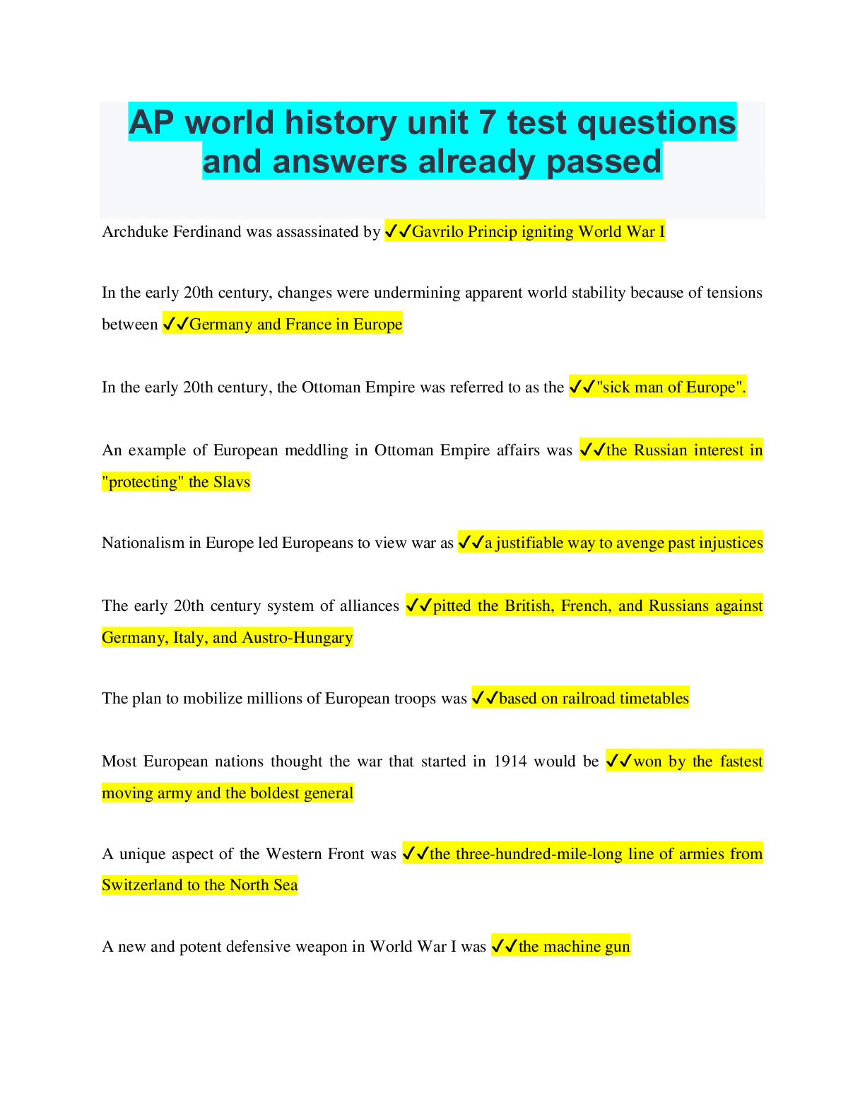Preview of AP world history unit 7 test questions and answers already passed
